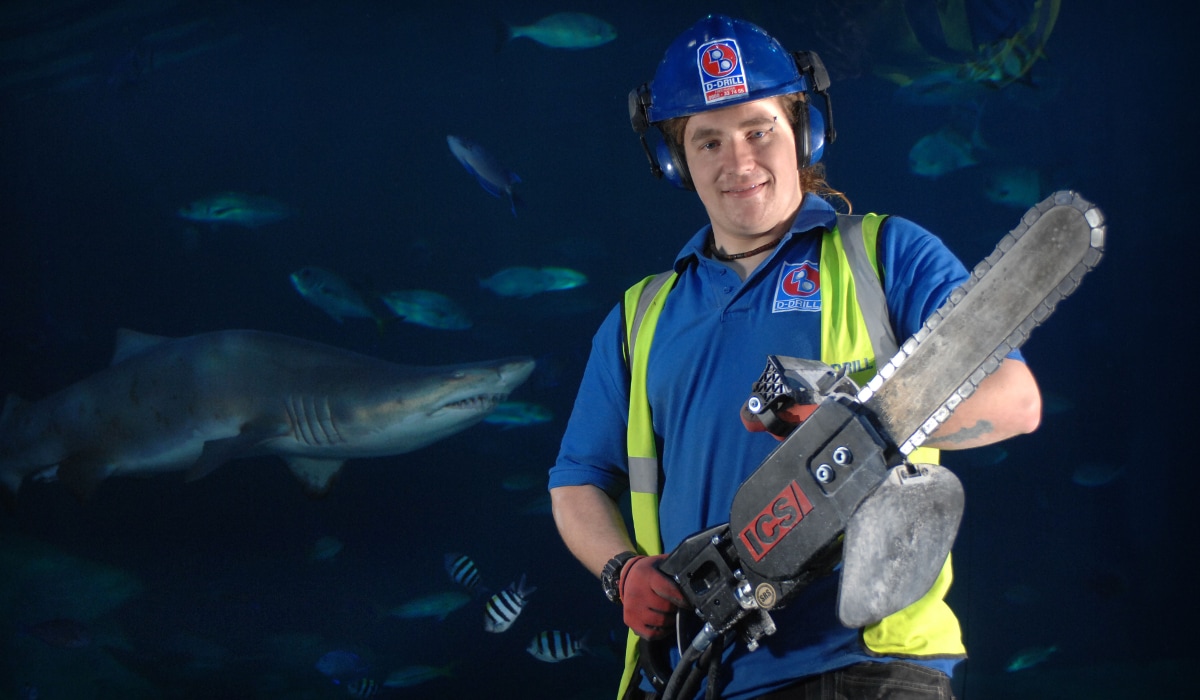 27/3/2012 - D-Drill at The National Marine Aquarium using Diamond Drills to cut away concrete thereby avoiding vibrations that may effect the Marine Tanks above (David Laws) pictured.
NB* - David previously worked at the aquarium as a work experience volunteer over seven years ago and now returns with D-Drill !