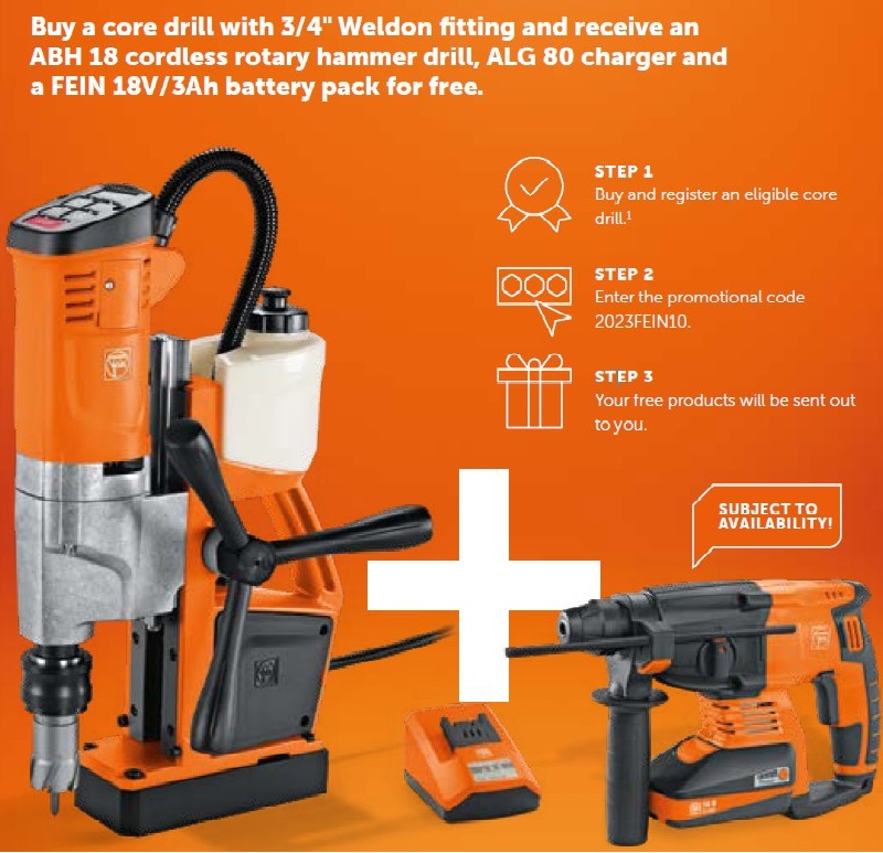 Magnetic Core Drill Offer Fein KBC36 MAGFORCE Compact Mag Drill with 25mm Structural Steel Set | EC Hopkins Limited